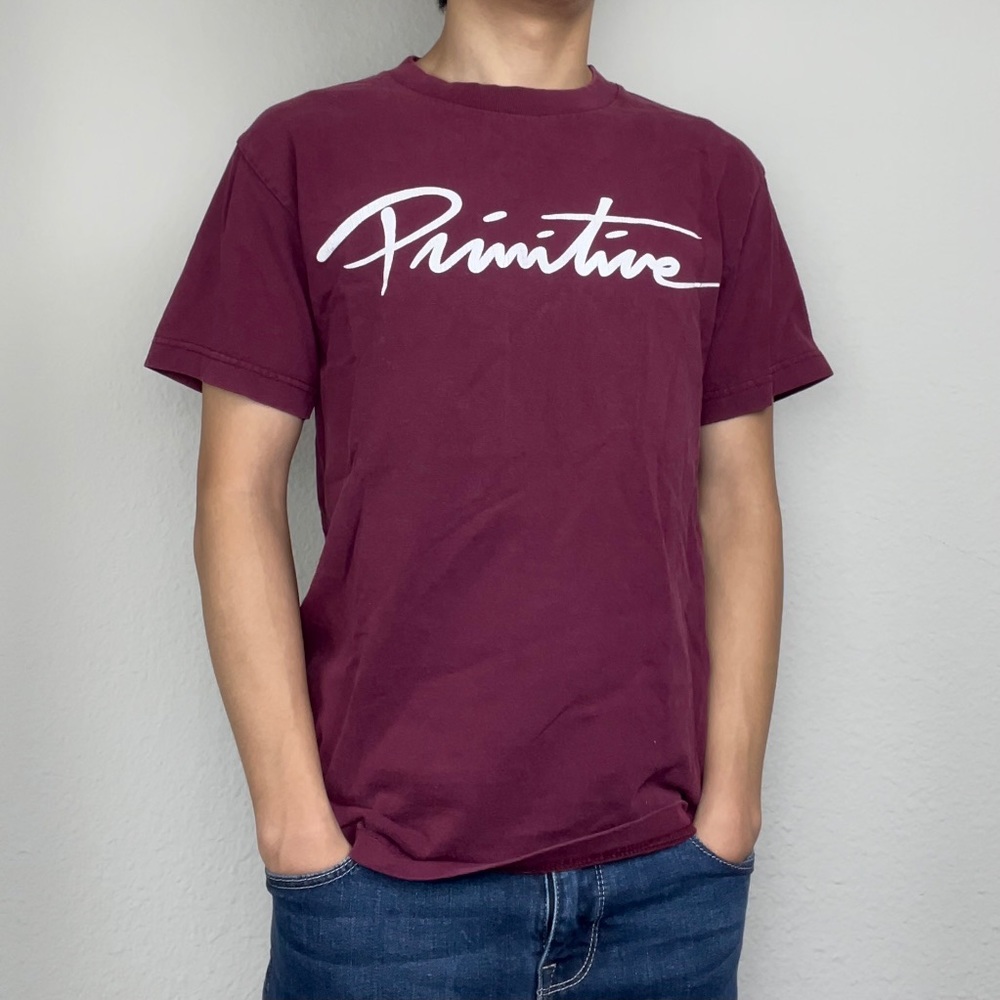 Red Maroon Burgundy Primitive Script Logo T-Shirt